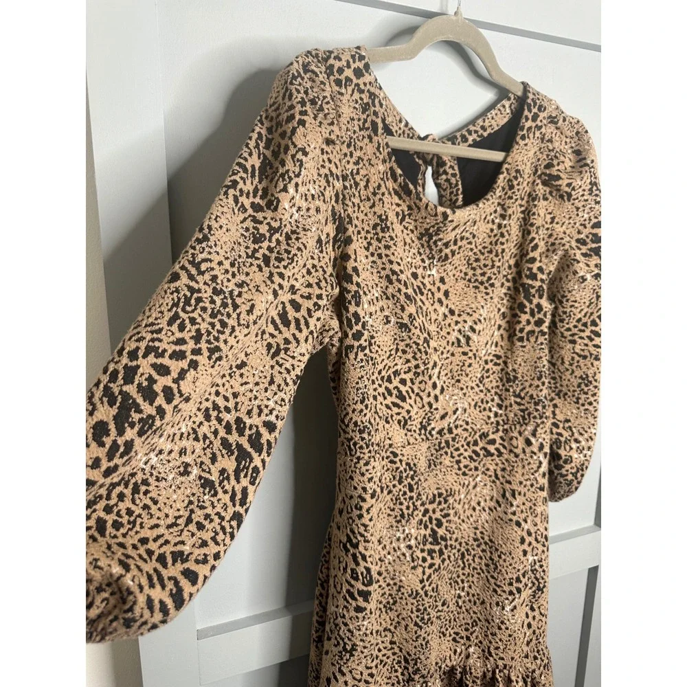 Maeve Anthropologie Leopard Print Puff Sleeve Cutout Back Dress Tan Black Sz 16